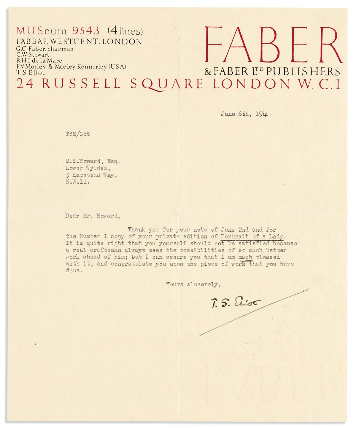 ELIOT, T.S. Typed Letter Signed, to M.S. Howard,